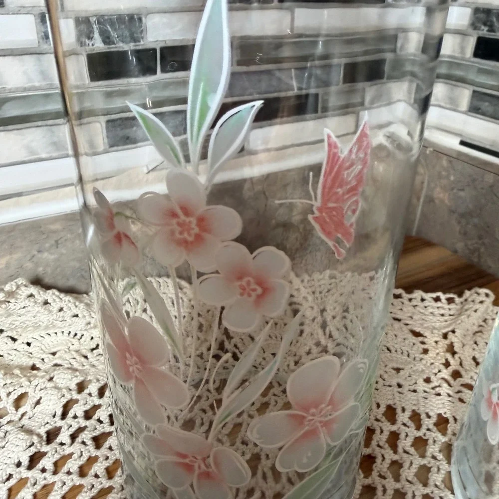 Vtg Crystal Clear Industries Glass Apothecary Jars Set 2 Hand Painted Floral 11